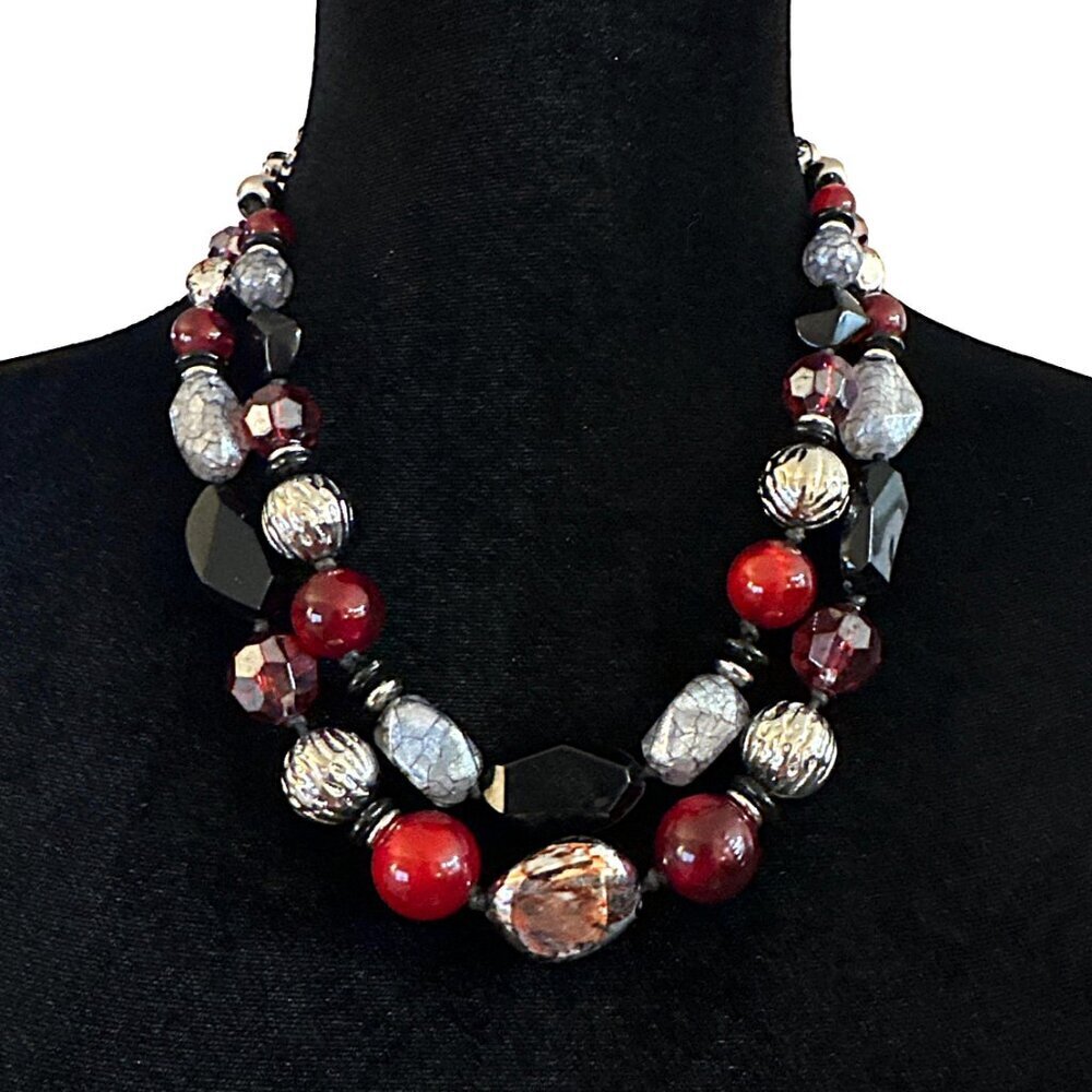 Ruby Rd Necklace Double Strand Chunky Statement Black Red Silver Gray Adjustable